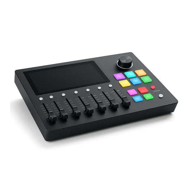 A desktop audio production console with faders and illuminated pads