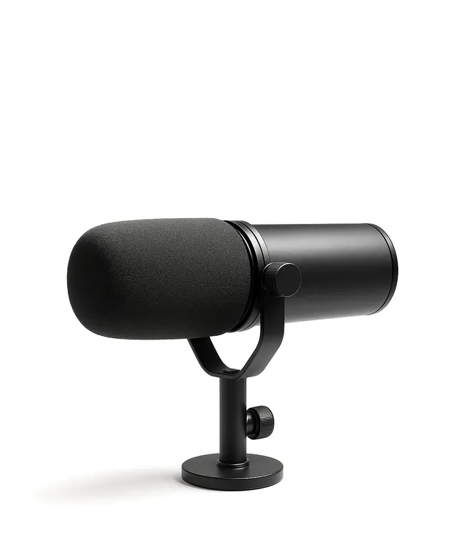 A broadcast dynamic studio microphone cradled in its yoke