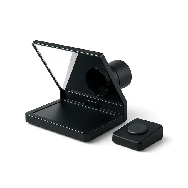 A camera teleprompter with its beam splitter glass and a foot pedal